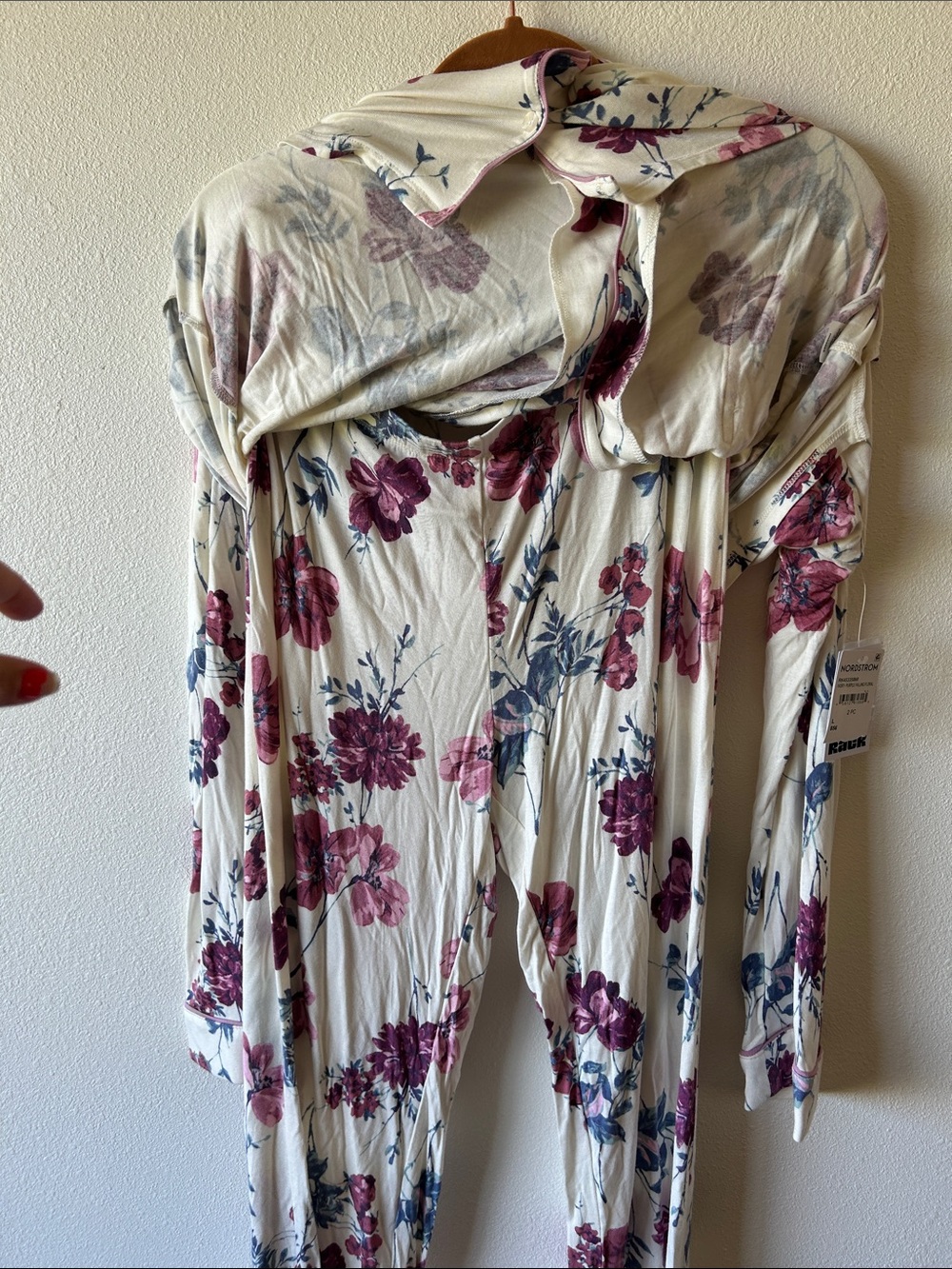 Floral Long-Sleeve Pajama Set in Cream with Pink and Blue Flowers - Picture 7 of 9